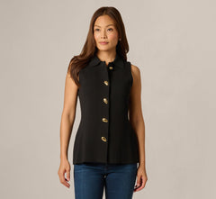 Abstract Button Front Knit Vest Top In Black