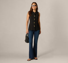 Abstract Button Front Knit Vest Top In Black