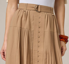 Belted A Line Pleated Midi Skirt In Taos Taupe