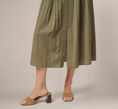 Belted A Line Pleated Midi Skirt In Olive Tree