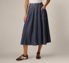 Belted A Line Midi Skirt In Washed Denim Cream