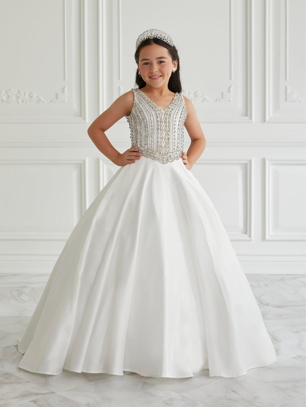 Beaded Satin Gown with Lace Up Back