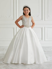 Beaded Satin Gown with Lace Up Back