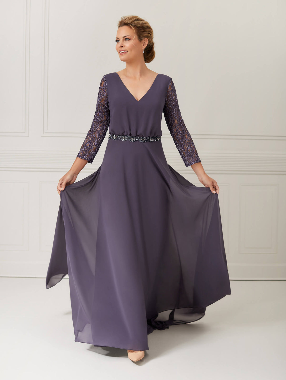 3/4-Sleeve Chiffon A-Line Dress with Lace Overlay