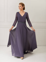 3/4-Sleeve Chiffon A-Line Dress with Lace Overlay