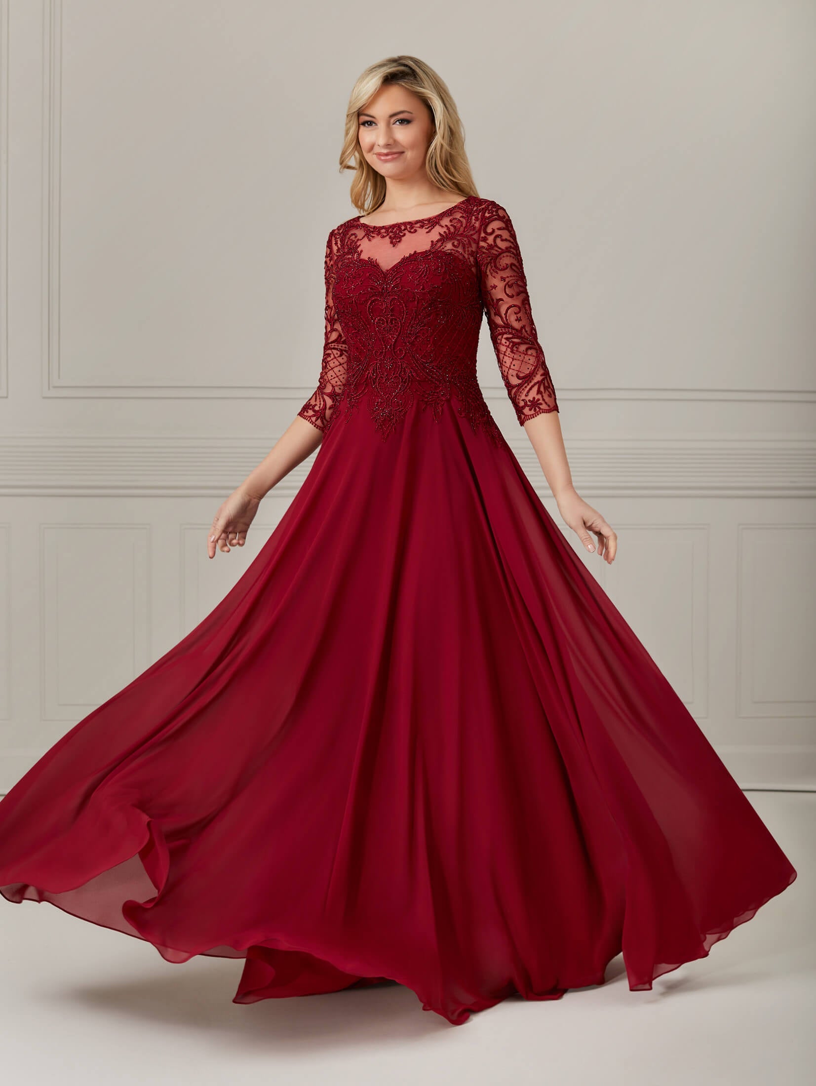 3/4 Sleeve Chiffon and Lace A-Line Dress