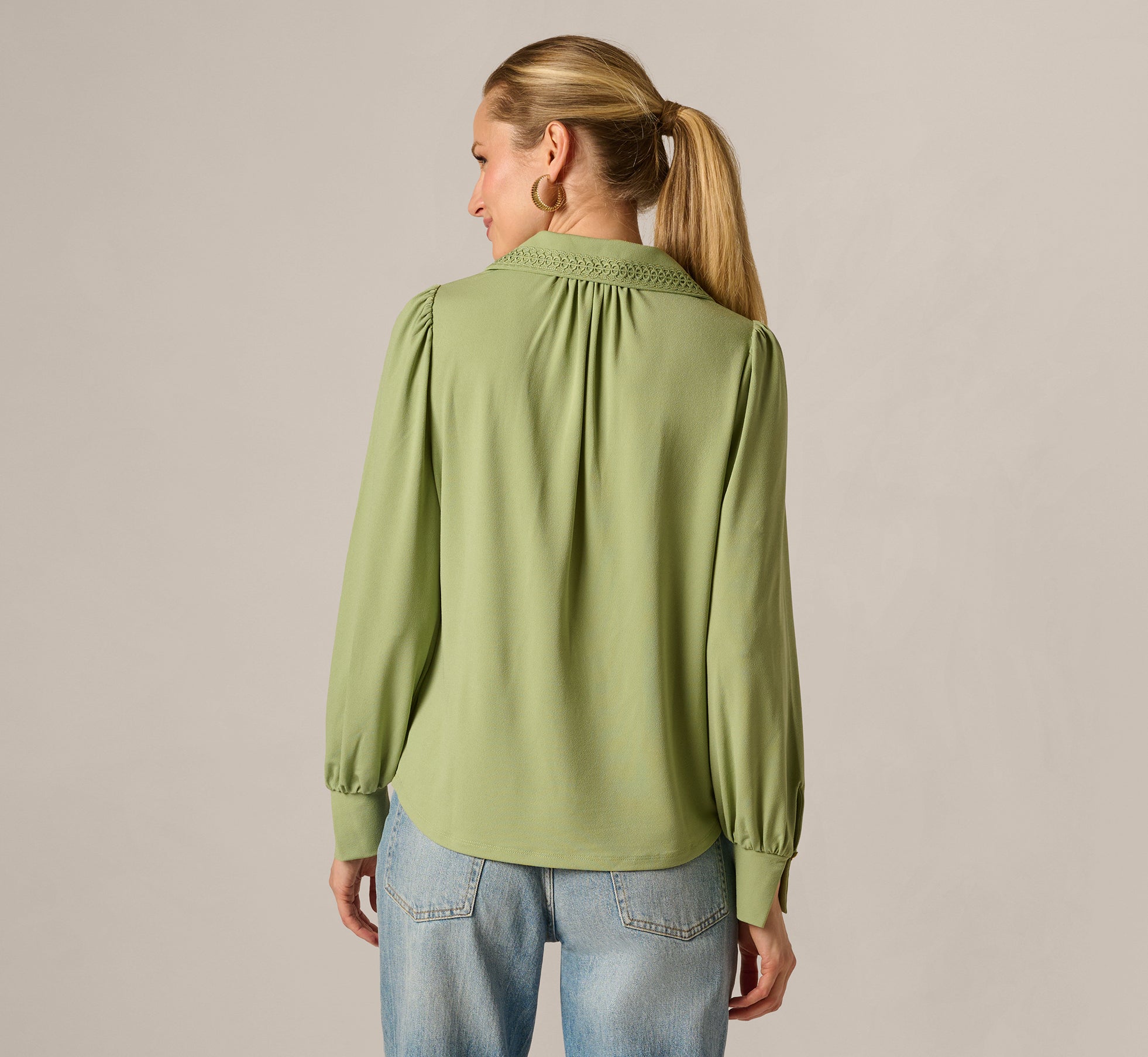 Bishop Sleeve Embroidered Blouse In Eucalyptus