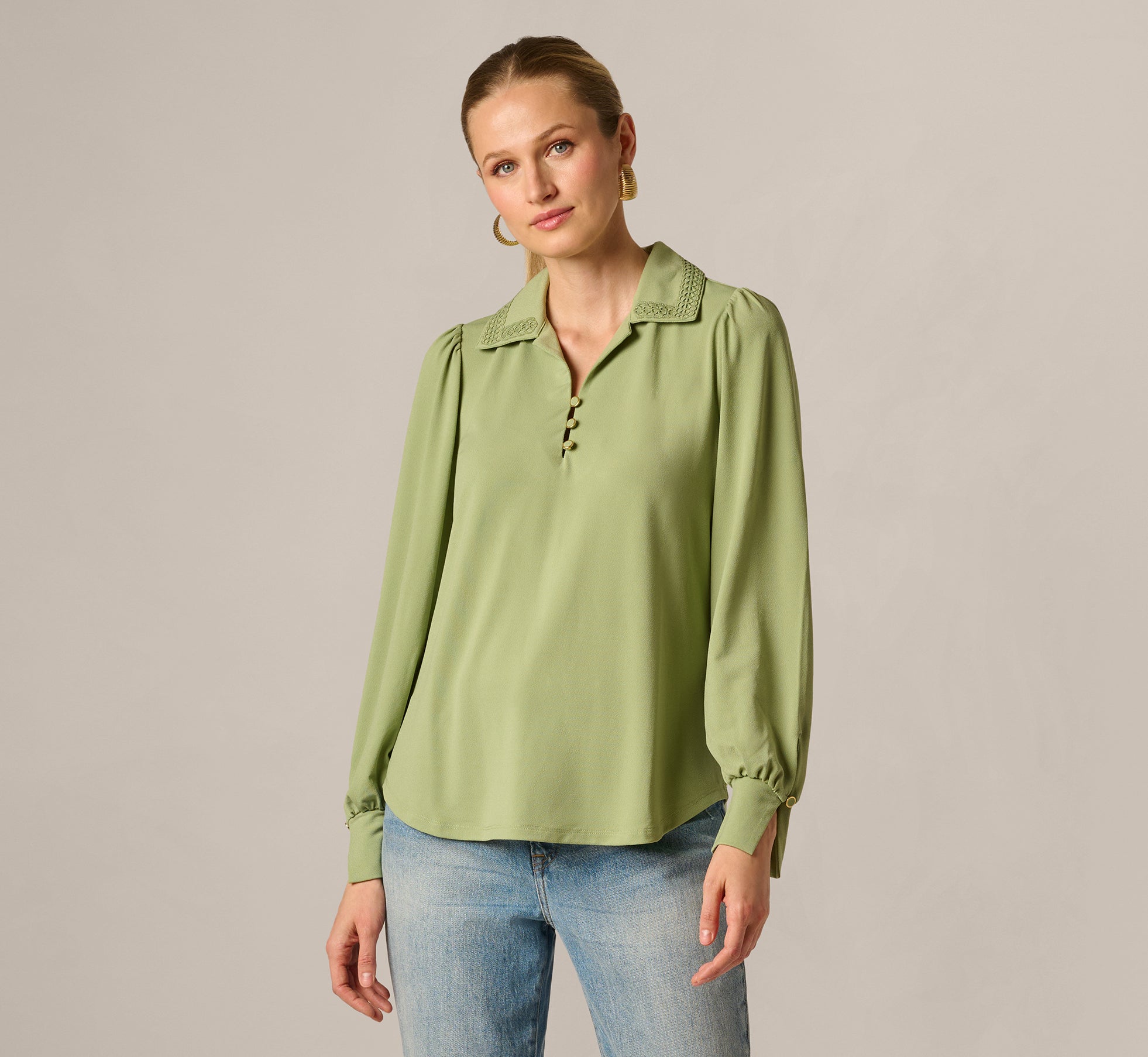 Bishop Sleeve Embroidered Blouse In Eucalyptus