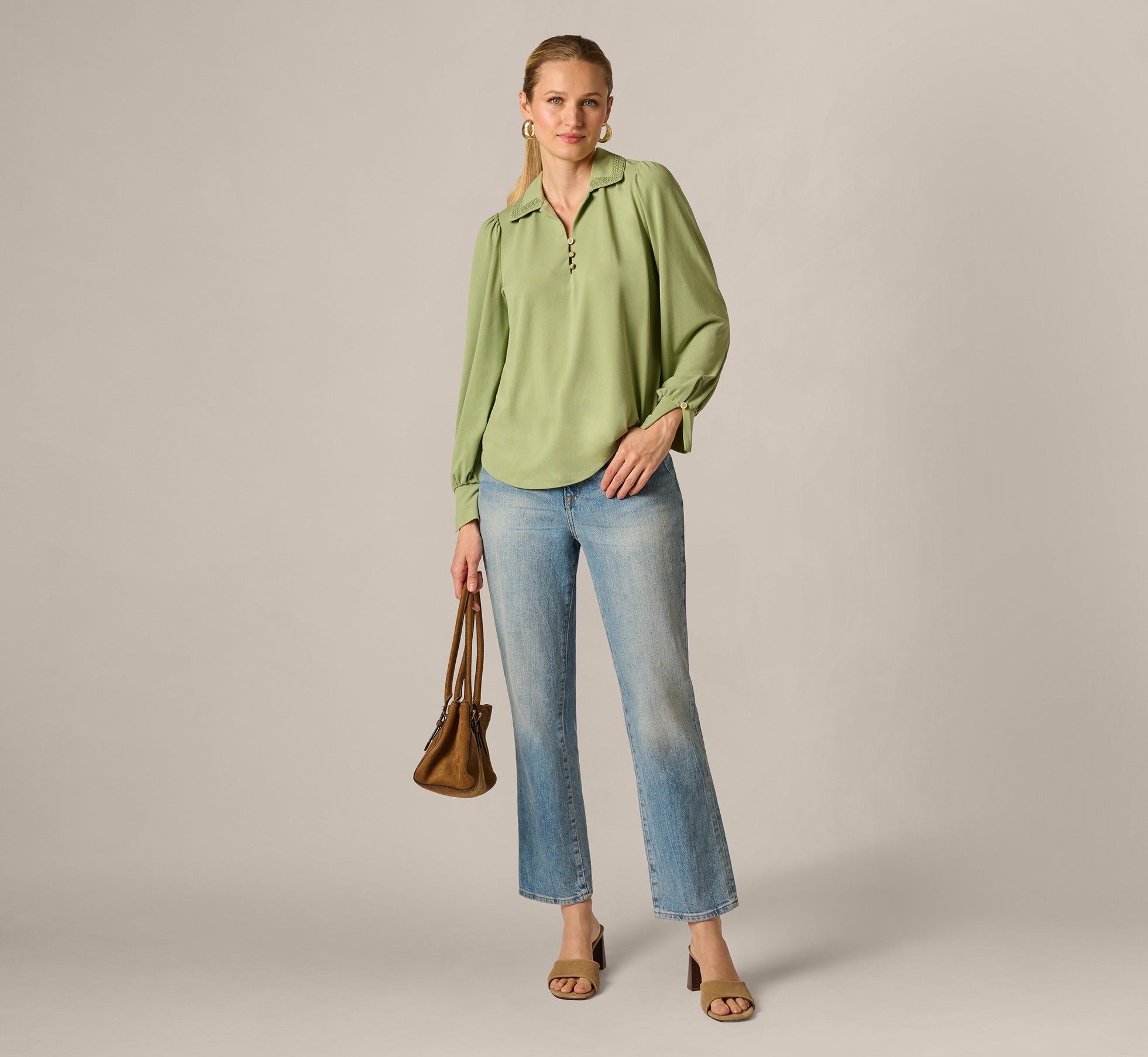Bishop Sleeve Embroidered Blouse In Eucalyptus