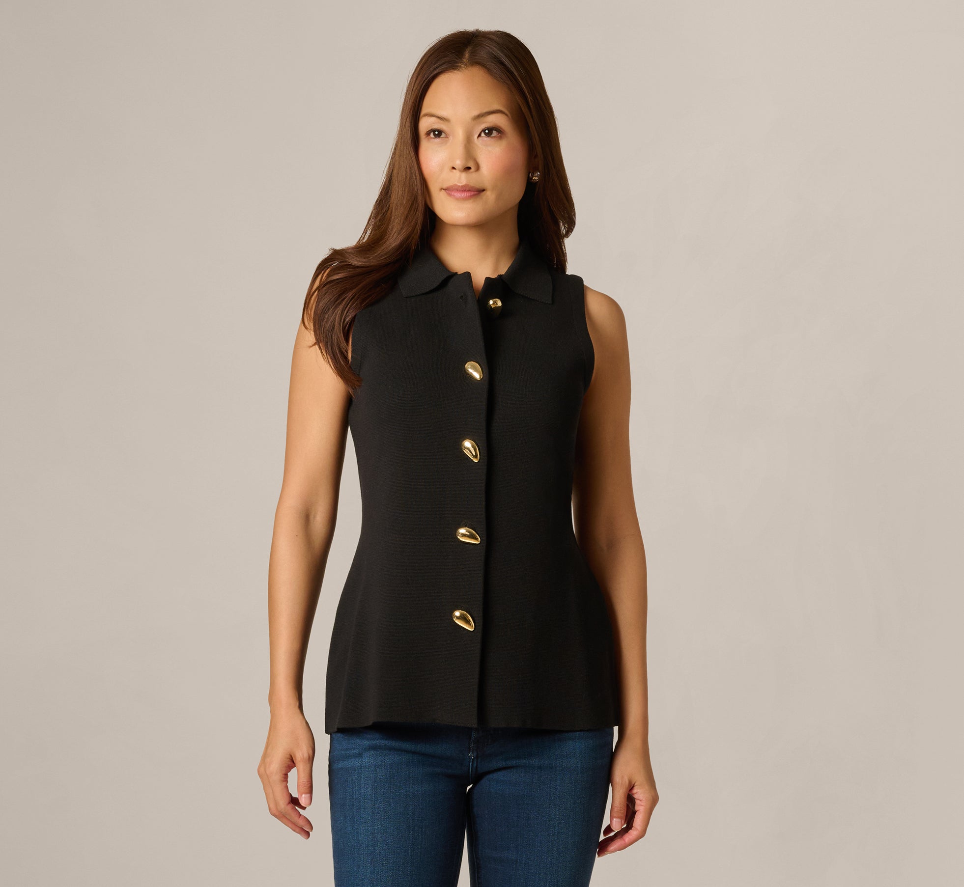 Abstract Button Front Knit Vest Top In Black