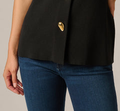 Abstract Button Front Knit Vest Top In Black