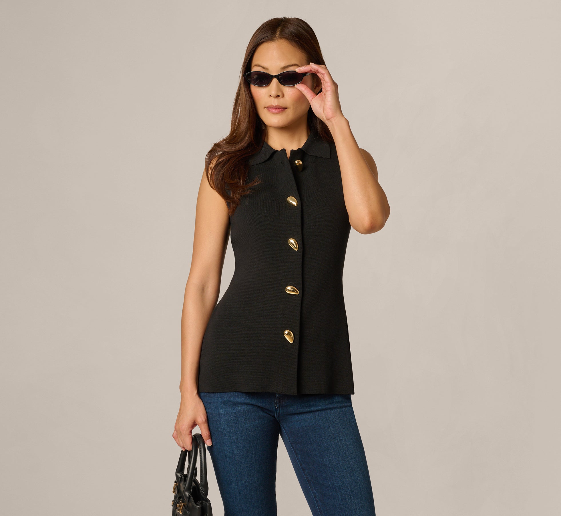 Abstract Button Front Knit Vest Top In Black