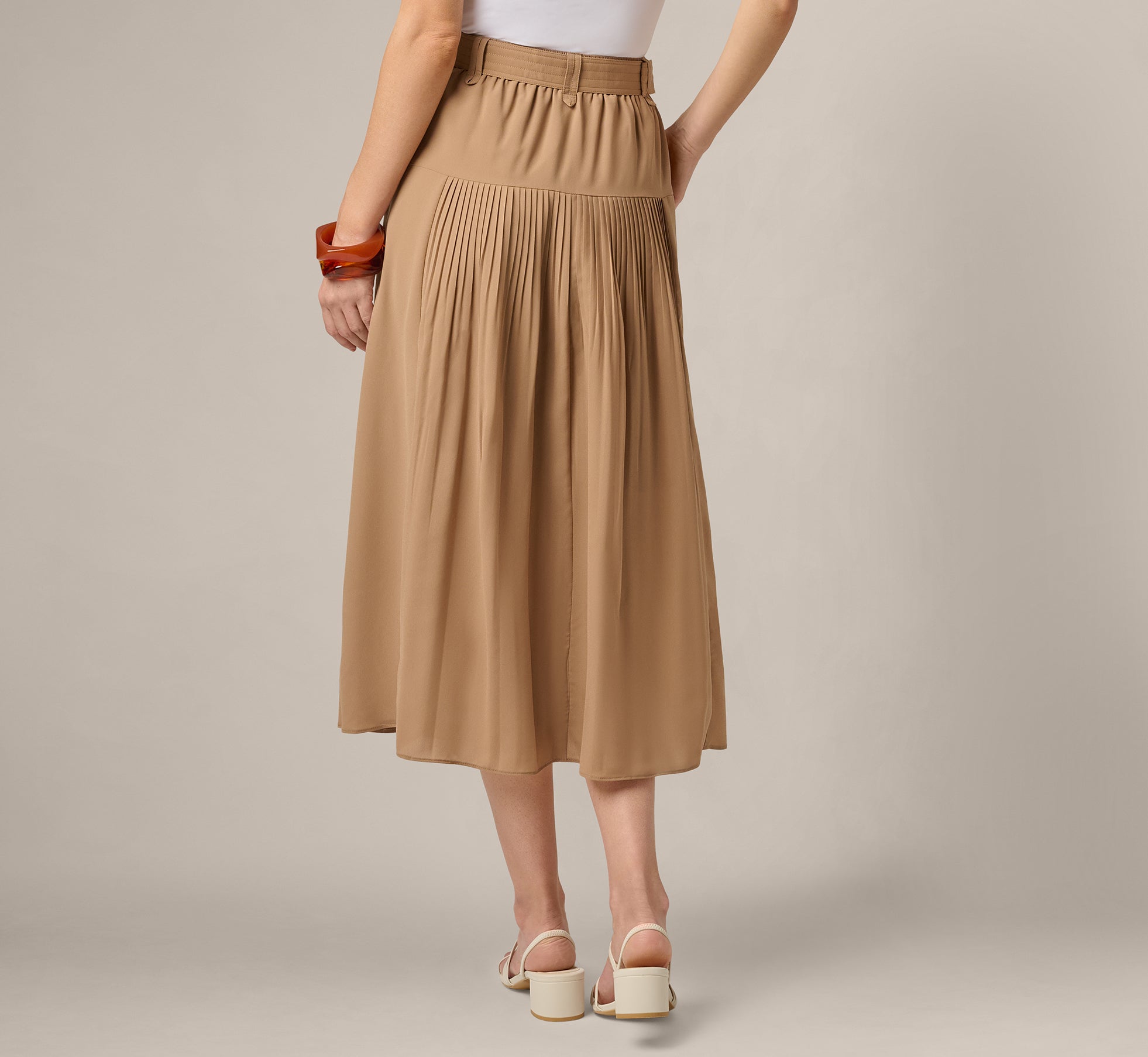 Belted A Line Pleated Midi Skirt In Taos Taupe