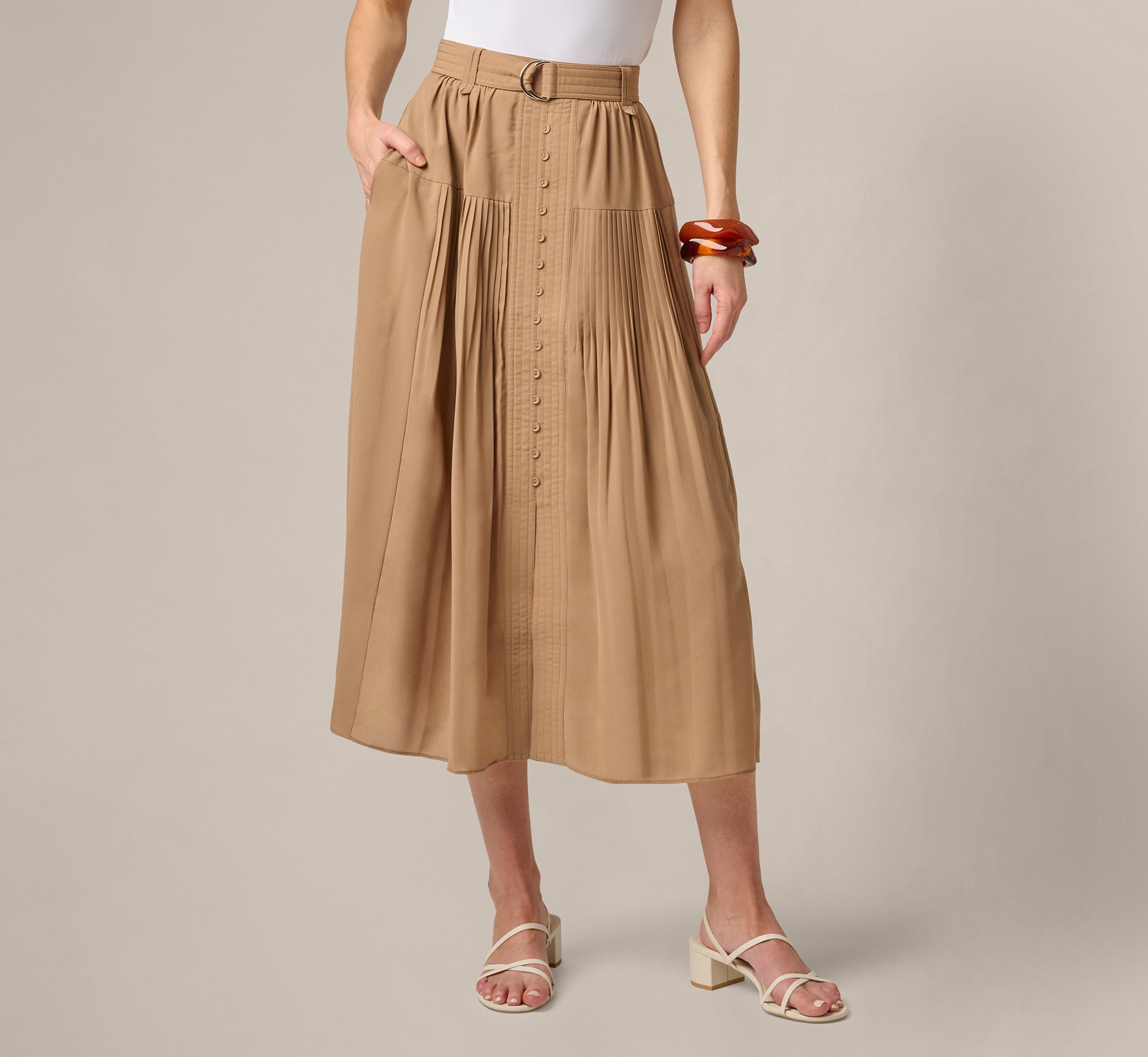 Belted A Line Pleated Midi Skirt In Taos Taupe