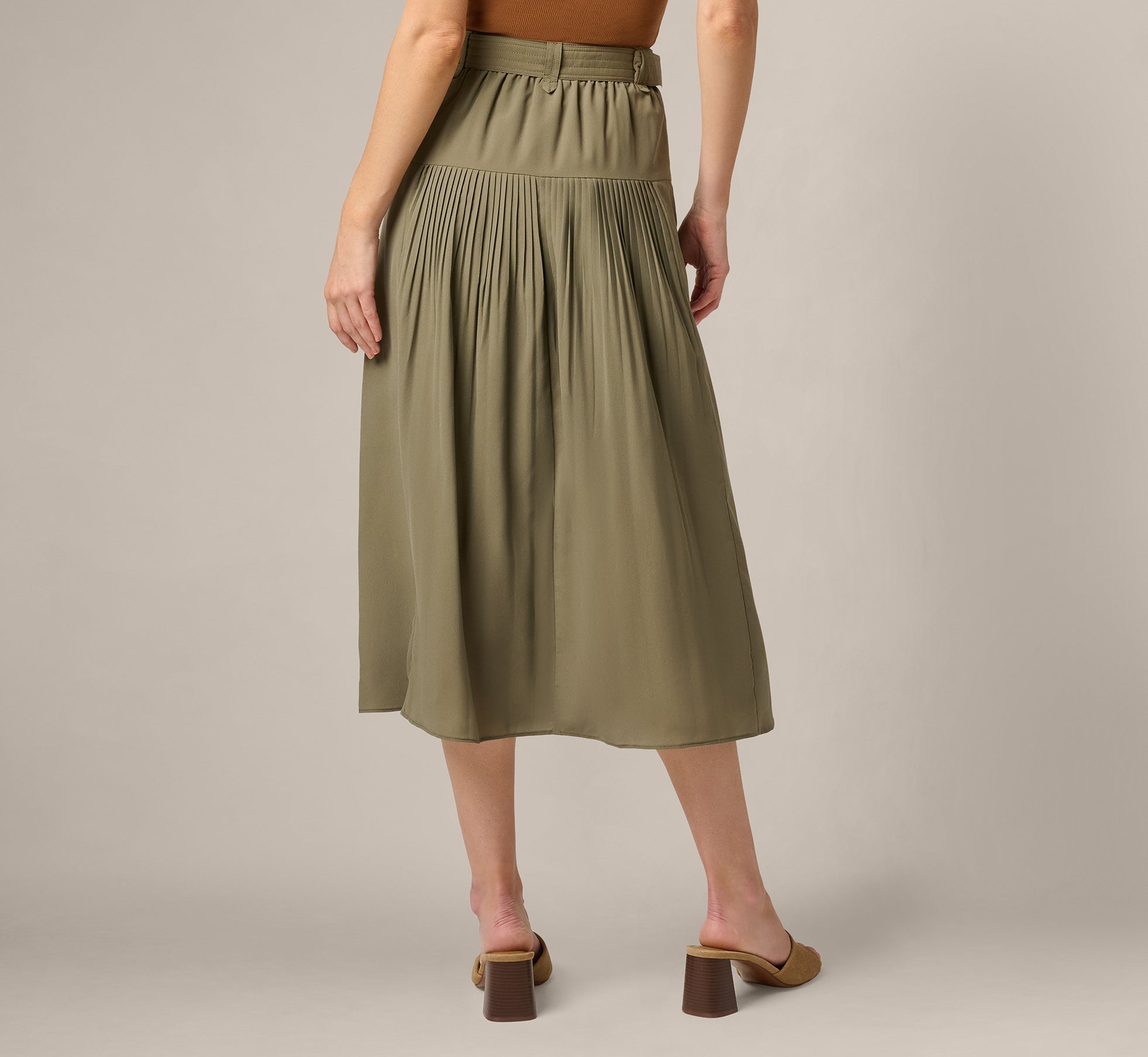 Belted A Line Pleated Midi Skirt In Olive Tree
