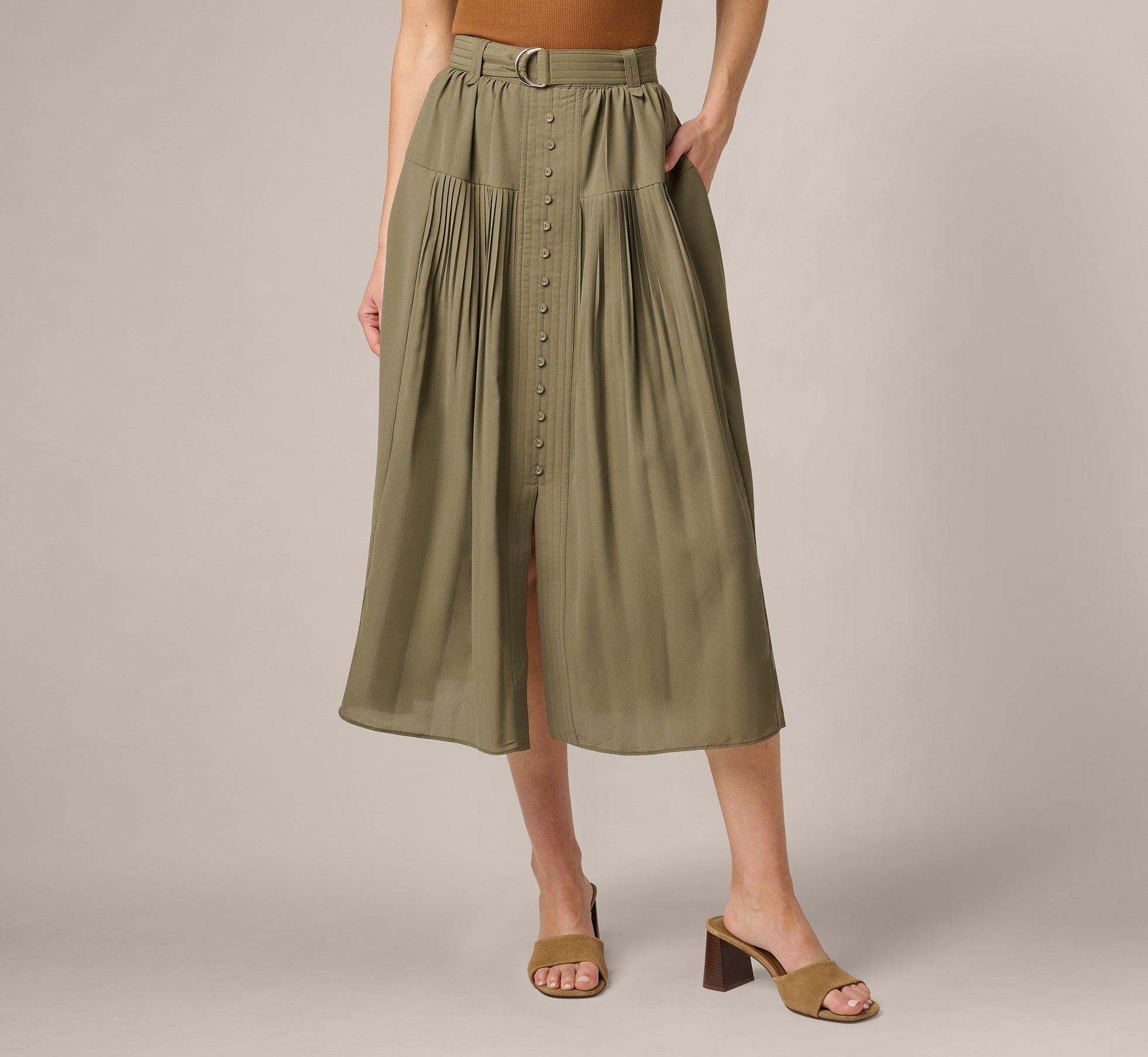 Belted A Line Pleated Midi Skirt In Olive Tree