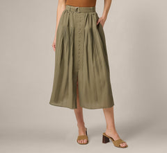 Belted A Line Pleated Midi Skirt In Olive Tree