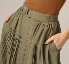 Belted A Line Pleated Midi Skirt In Olive Tree