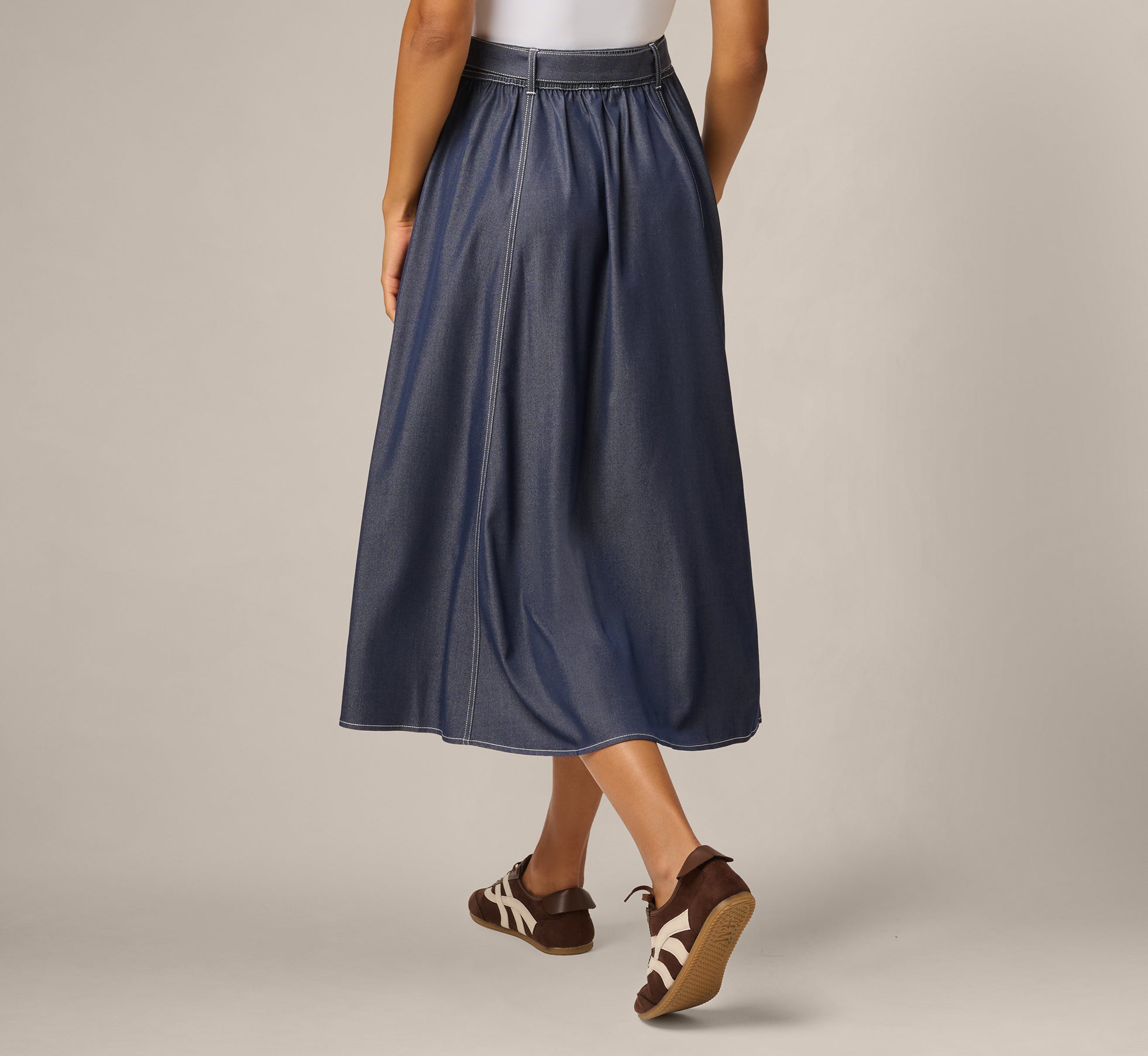 Belted A Line Midi Skirt In Washed Denim Cream