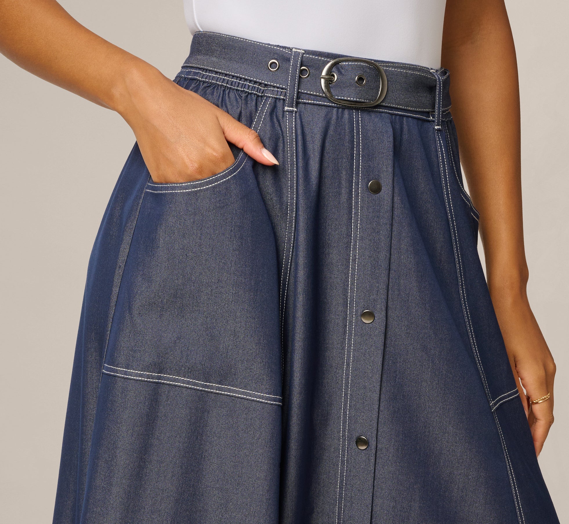 Belted A Line Midi Skirt In Washed Denim Cream