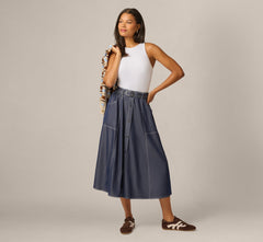 Belted A Line Midi Skirt In Washed Denim Cream