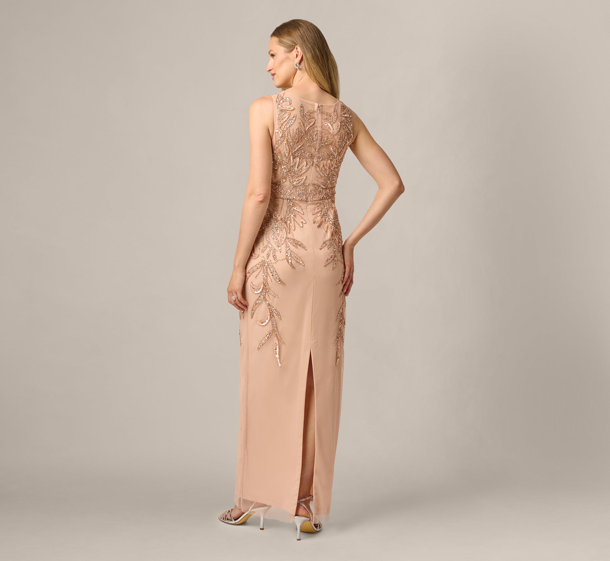 Adrianna Papell Hand-Beaded Sleeveless Slim Column Gown In Rose Gold