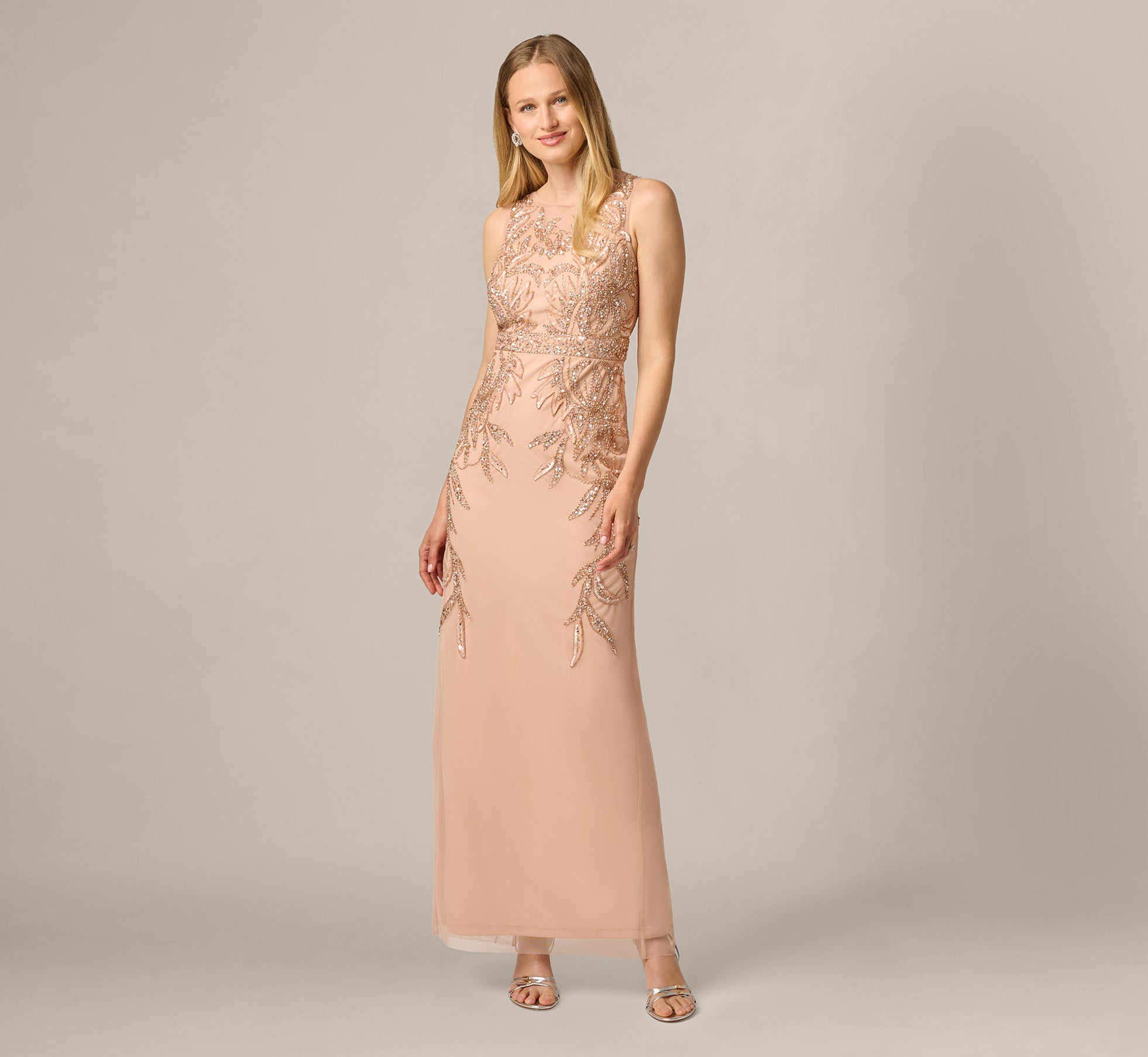 Adrianna Papell Hand-Beaded Sleeveless Slim Column Gown In Rose Gold