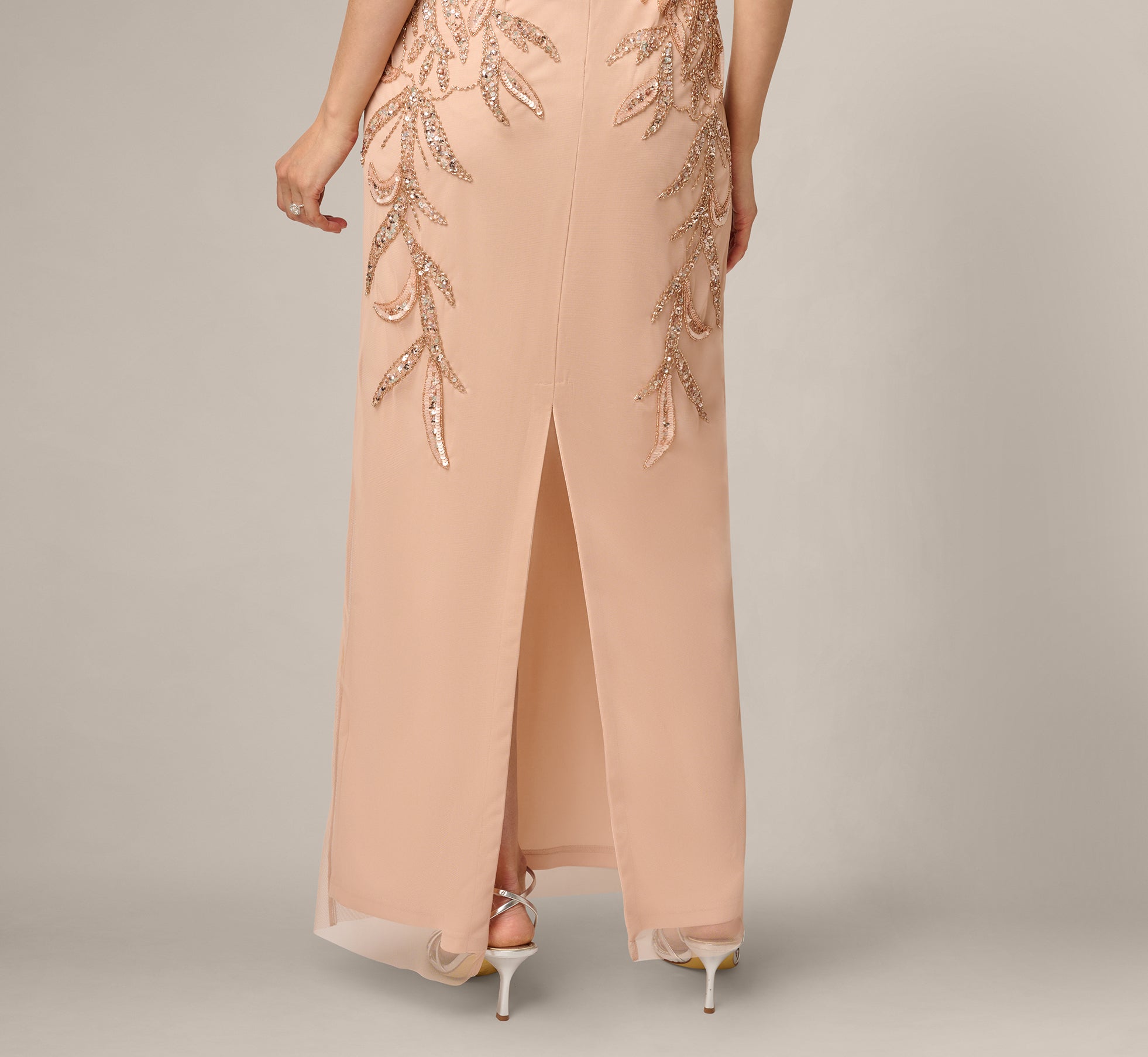 Adrianna Papell Hand-Beaded Sleeveless Slim Column Gown In Rose Gold