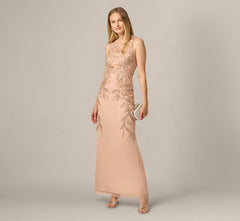Adrianna Papell Hand-Beaded Sleeveless Slim Column Gown In Rose Gold